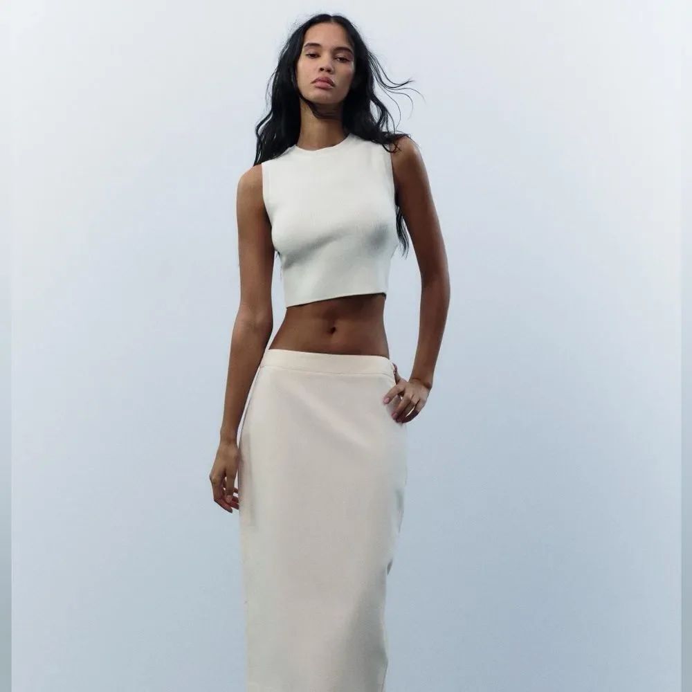 ZARA Women's Two Piece Top + Maxi Skirt Set in Nude Size Large